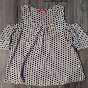 Rainbow White Cold-Shoulder Polka Dot Blouse with Black Dots